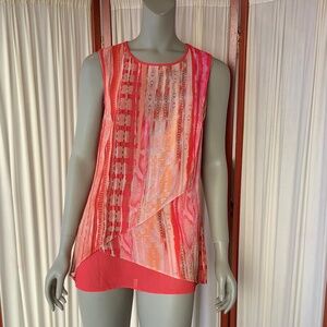 Maggie T Sleeveless Womans Top Layered Look Reddish Orange Abstract Size 8
